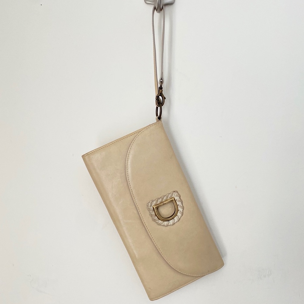 Christian Dior Paris D Logo Tan Calfskin Leather Wristlet Clutch Pouch Bag Italy